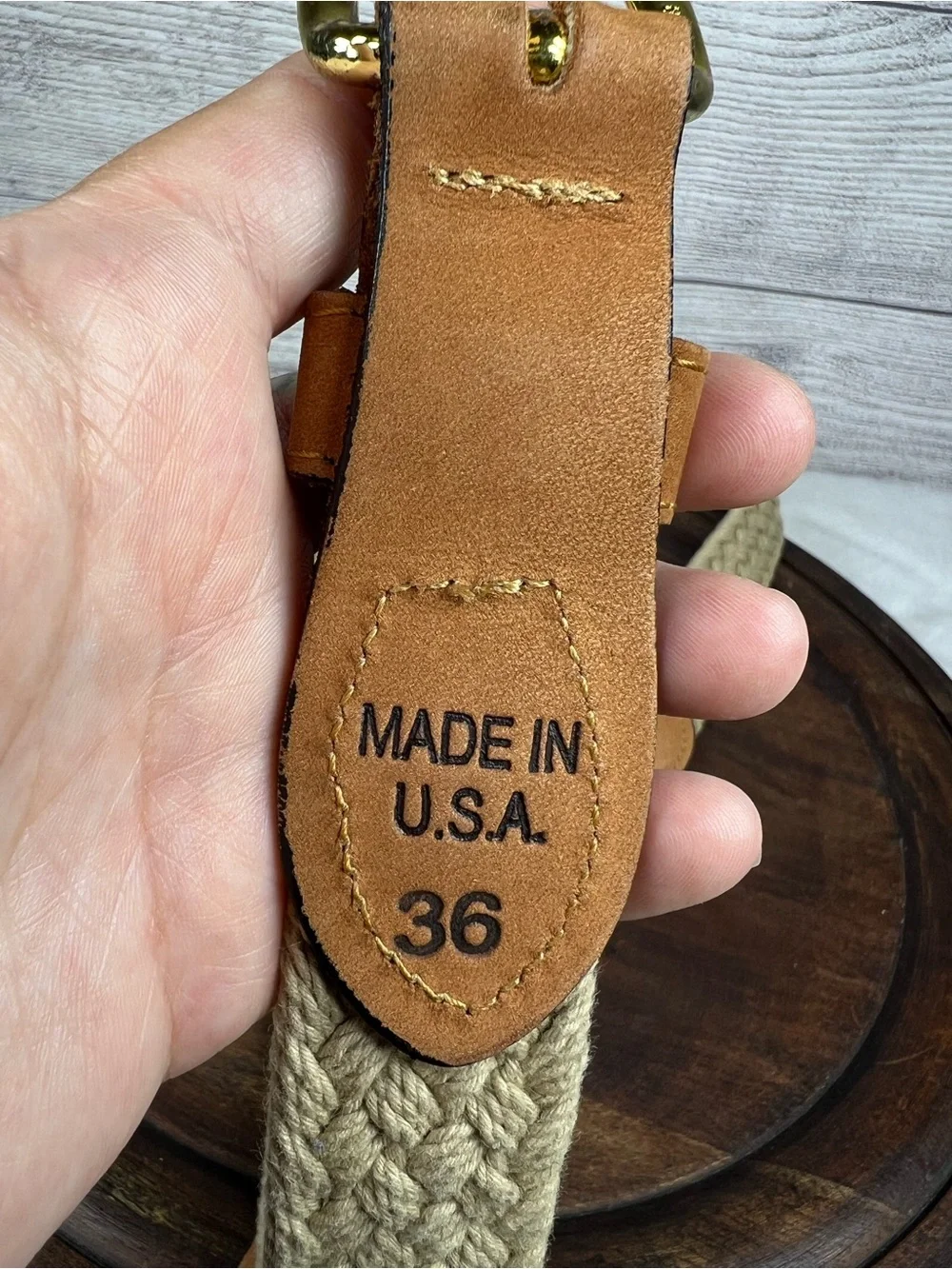 Vintage Zep-Pro Sport Belt 36 Taupe Woven Rope Leather Ends Brass Buckle USA